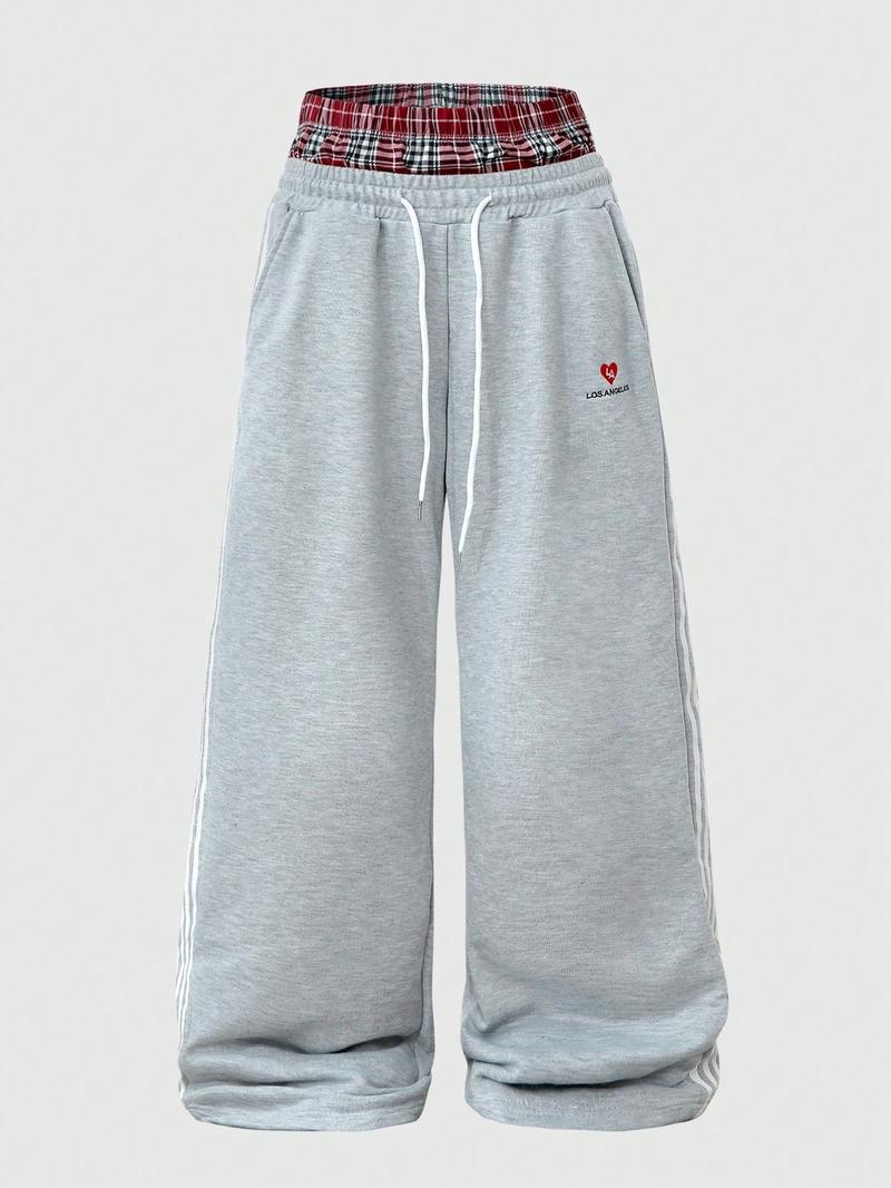 Men's Baggy Sweatpants High Waisted with Plaid Waistband, Trendy Wide Leg Lounge Pants, Casual Streetwear Joggers with Side Stripes Men's Baggy Sweatpants High Waisted with Plaid Waistband, Trendy Wide Leg Lounge Pants, Casual Streetwear Joggers with Side Stripes