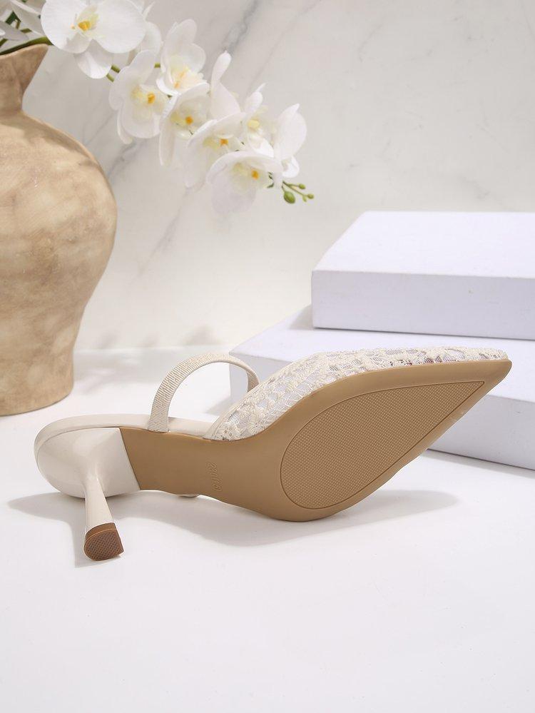 Women's Summer French Lace Pointed Toe Sandals Block Heel Ankle Strap Slingbacks Sexy Outdoor Slides