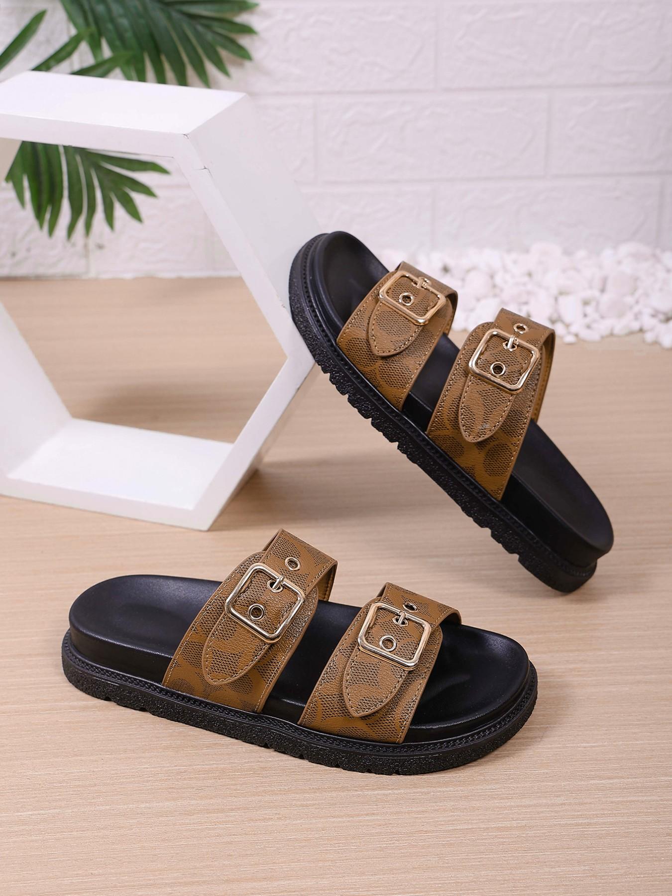 European Style Thick Sole Buckle Sandals for Women, Versatile Plain PU Leather Summer Beach Shoes, Casual Open-Toe Flip Flops