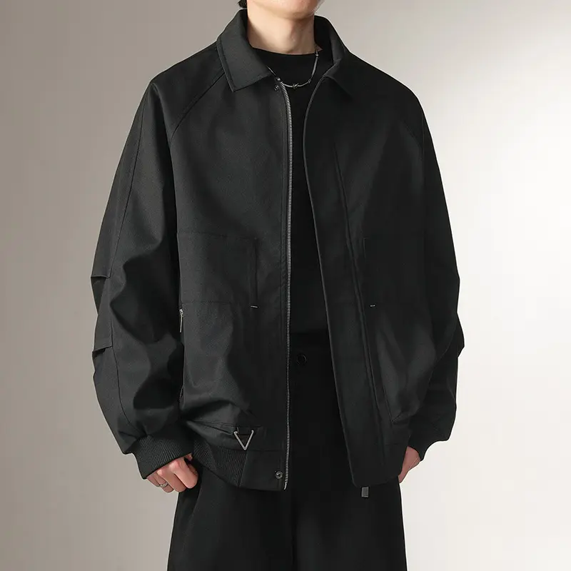 Men's Minimalist Solid Spread Collar Utility Jacket - Raglan Sleeves, Full-Zip Front Placket, Large Patch Pockets, Metal Triangle Hardware, Relaxed Boxy Silhouette, Street-Style Outerwear for Daily Wear