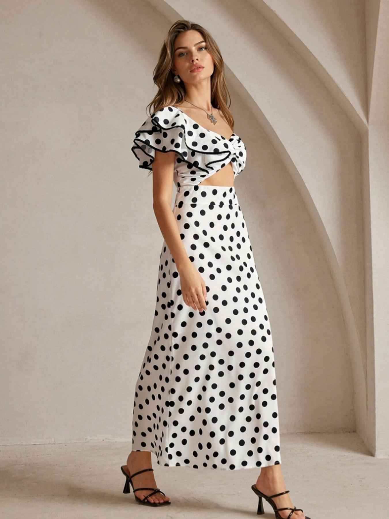 Women Polka Dot Print Casual One Shoulder Mini Dress, Stylish Maxi for Everyday Wear, Trendy Fashionable Ladies' Clothing