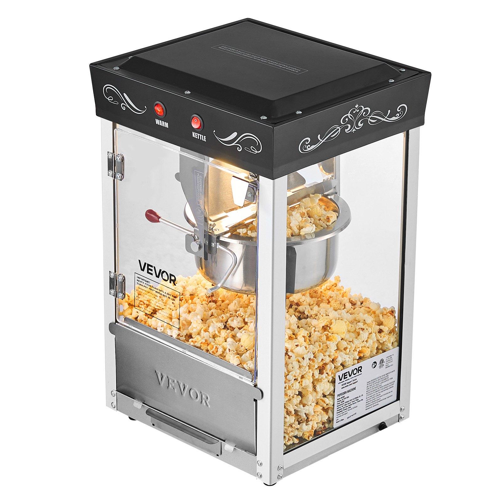 VEVOR Commercial Countertop Popcorn Machine for Commercial Users, 8 oz Stainless Steel Kettle, 800W Power, 48 Cups Per Batch, 20 Lbs/ 9.43 Kg Capacity, 2-Button Control, Glass Door, PC Wall, 1 Scoop, 3 Spoons, Black