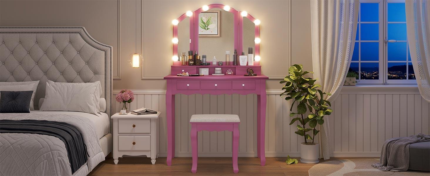 Sikaic Makeup Vanity Set with Lighted Mirror Stool Drawers and Cushioned Stool Desk Bedroom