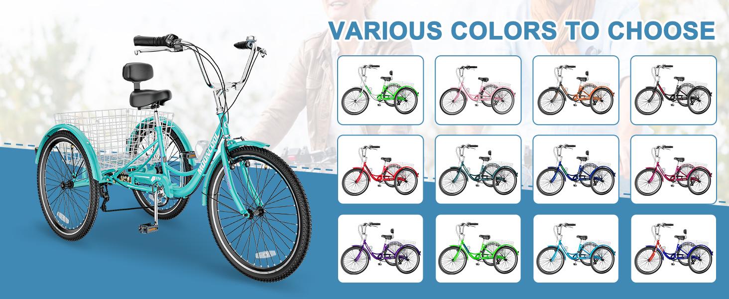 MOONCOOL Adult Tricycles 7 Speed 20/24/26 inch Three Wheel Bike Cruiser Trike with Low-Step Through Frame/Large Basket for Men, Women, Seniors