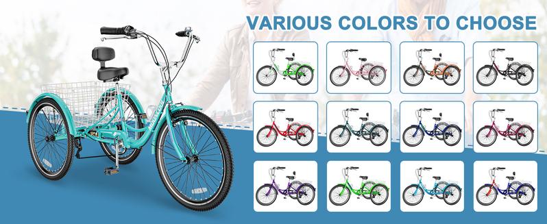 MOONCOOL Adult Tricycles 7 Speed 20/24/26 inch Three Wheel Bike Cruiser Trike with Low-Step Through Frame/Large Basket for Men, Women, Seniors
