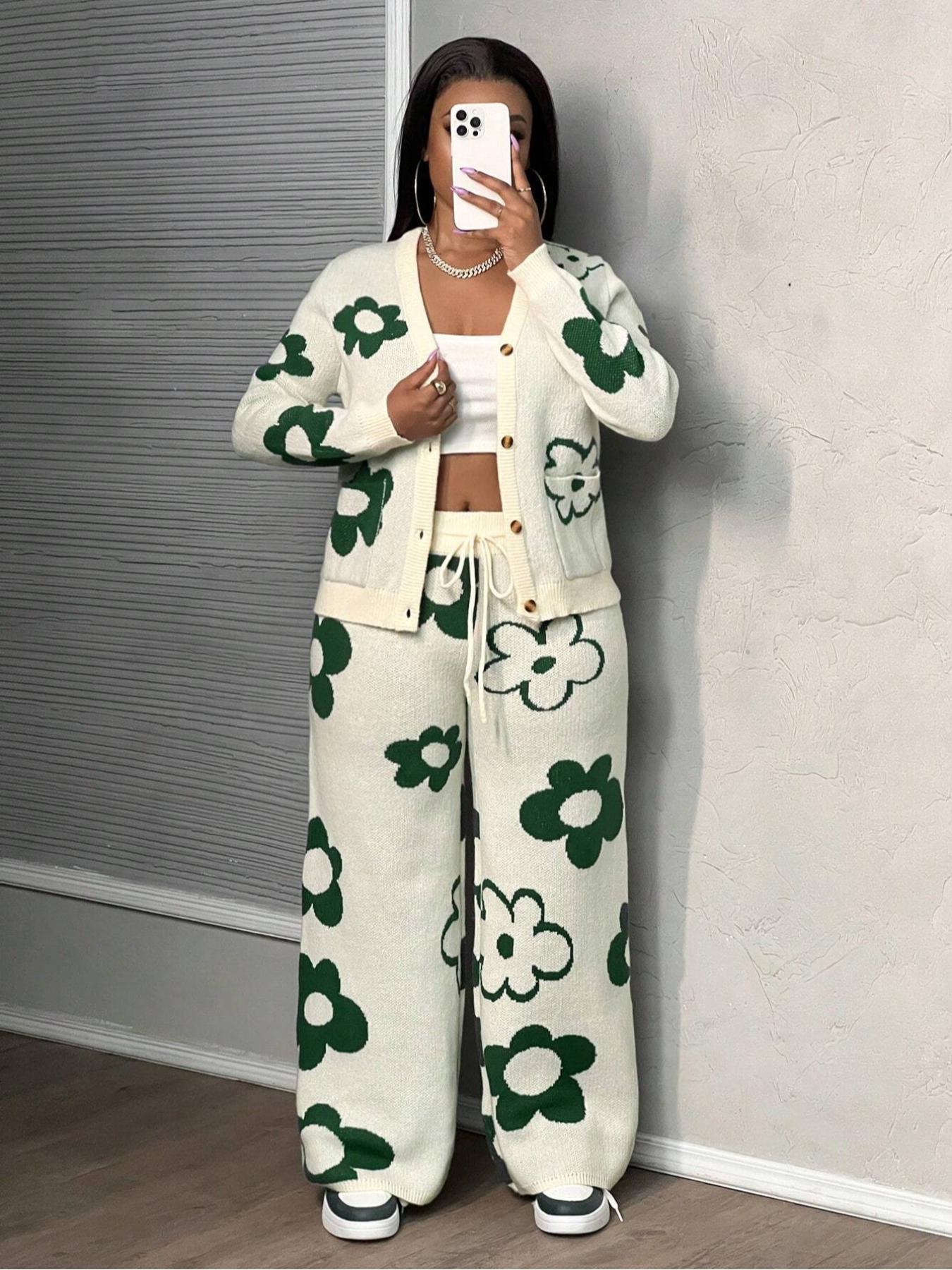 Plus Size Floral V Neck Cardigan Set, Fall & Winter Jacquard Sweater and Knit Pants Two-Piece, Casual Loose-Fitting Style