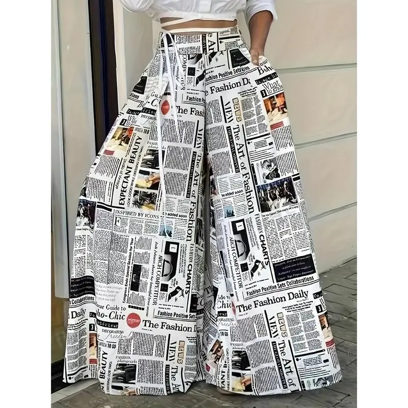 Newspaper Print Wide Leg Pockets Pants, Casual & Versatile High Waist Pants For Spring & Summer, Women's Clothing