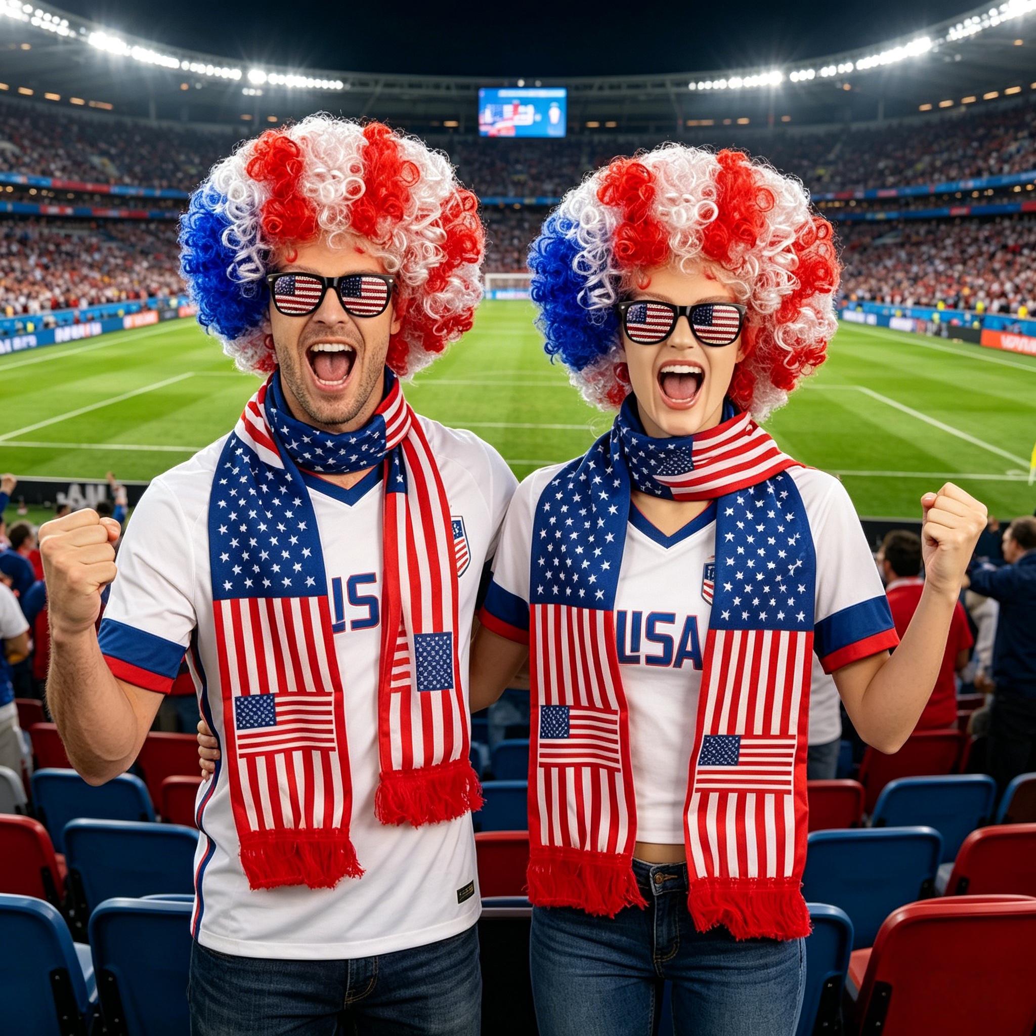 3pc USA Football Fan Cheer Set - Afro Wig, Scarf & Glasses | 2026 Match Day Costume for Soccer Fans