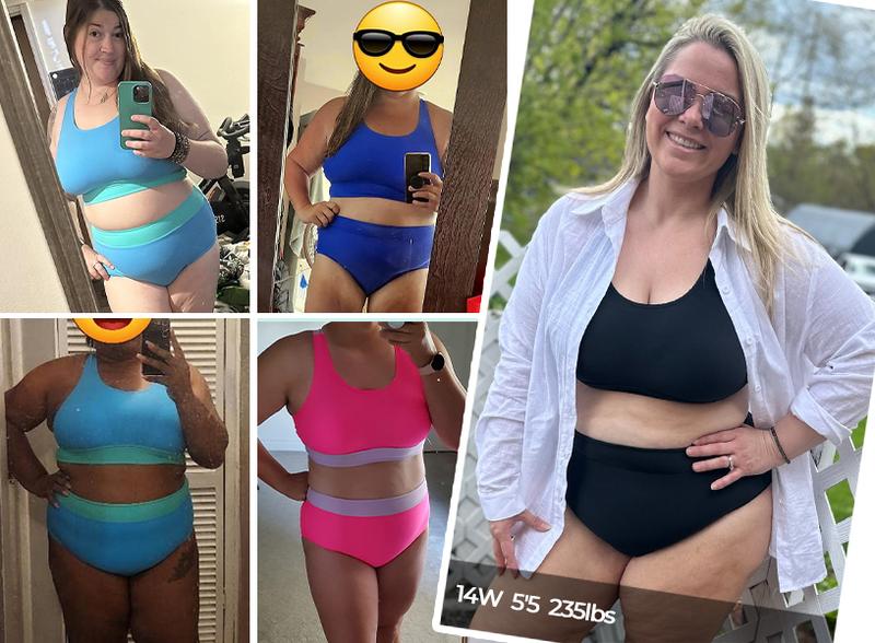 Aqua Eve Plus Size Two Piece High Waisted Bikini Swimsuits Scoop Neck Bikini Set Sporty Bathing Suits