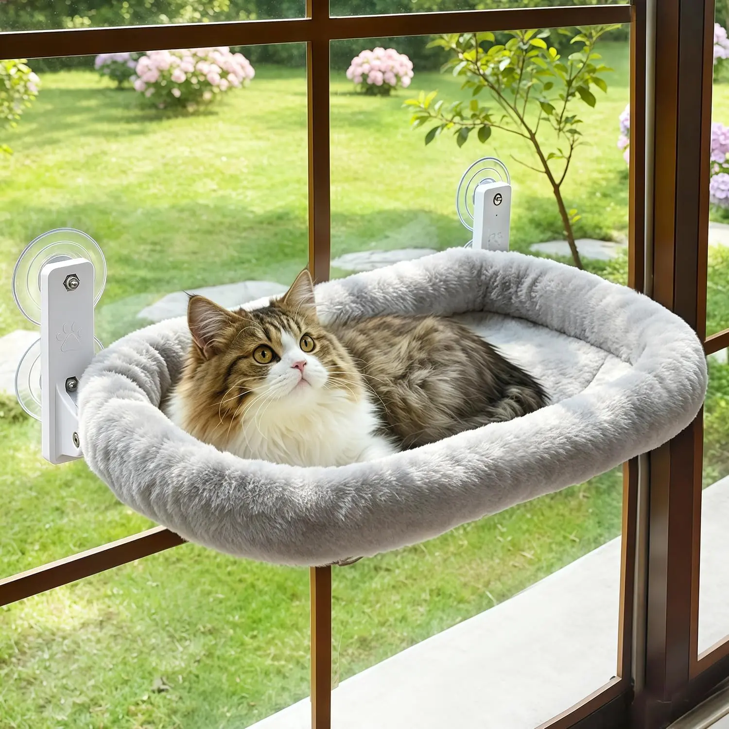 Cat Window Perch with Cushion bed Metal Frame, Soft Plush Reversible Cover, Machine Washable, Sturdy Cat Hammock Bed with 4 Strong Suction for Large Cats
