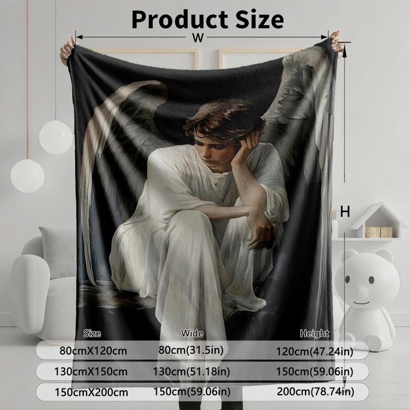 1 piece White-clad angel wings in contemplation themed flannel blanket - Oversized fluffy flannel sofa blanket, suitable for beds and sofas, modern design, all-season use, digitally printed pattern, 100% polyester material, machine washable