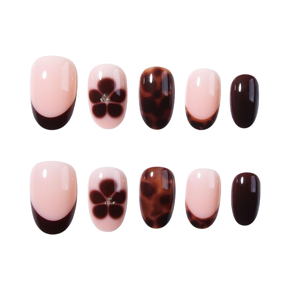 24pcs Oval Press-On Nails, Leopard French & Flower Designs, Autumn Winter Acrylic False Nails Set, Easy Wear for Women and Girls