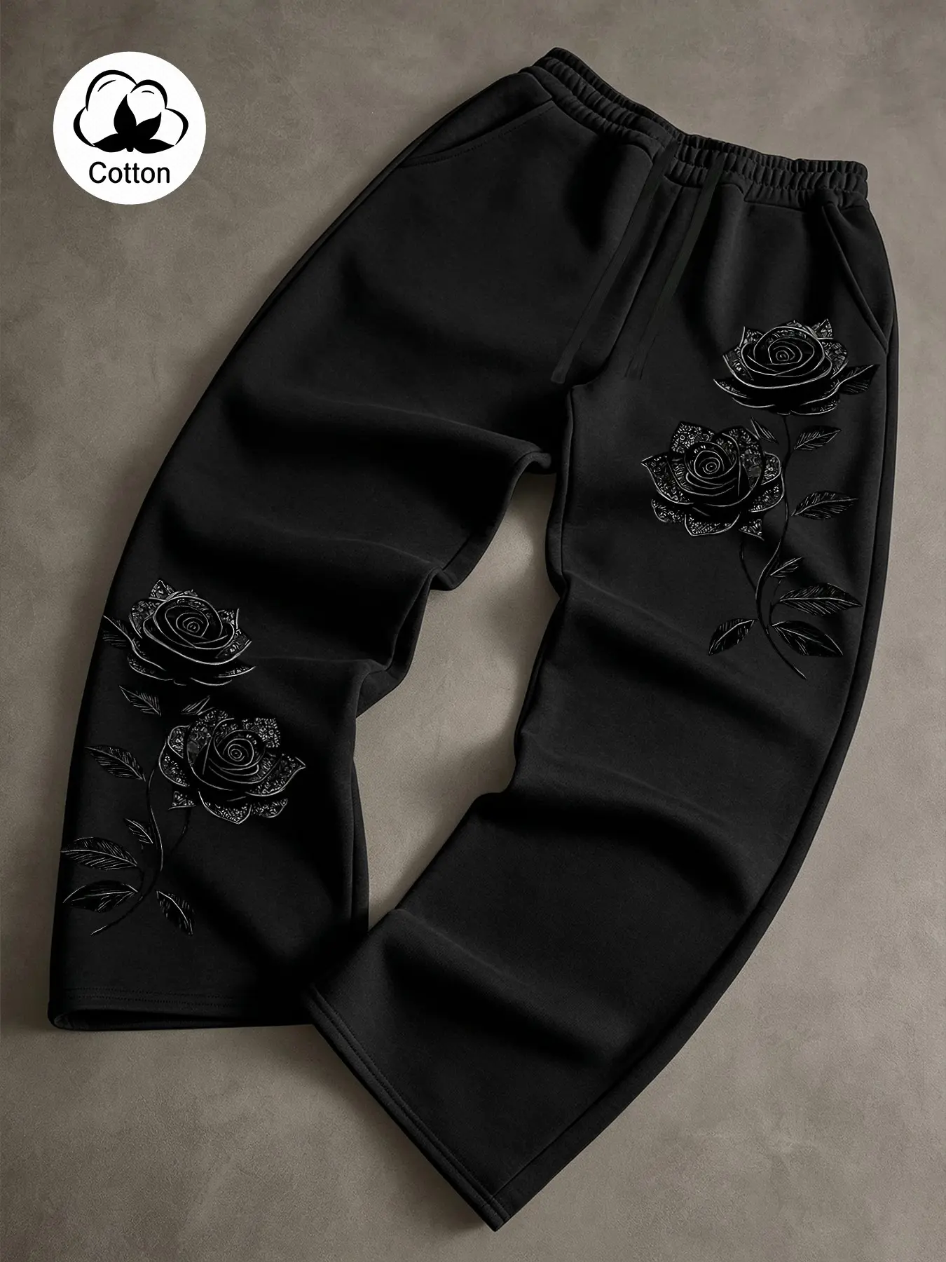 Men Wide‑Leg Sweat Pants, Street Casual Pants, Floral Rose Graphic On Leg Panel, Elastic Waist With Drawstring, Relaxed Wide Cut, Side Pockets, For Street Look & Night‑Out Occasions #WideLegPants #GraphicSweatpants #MenBottoms #StreetwearPants