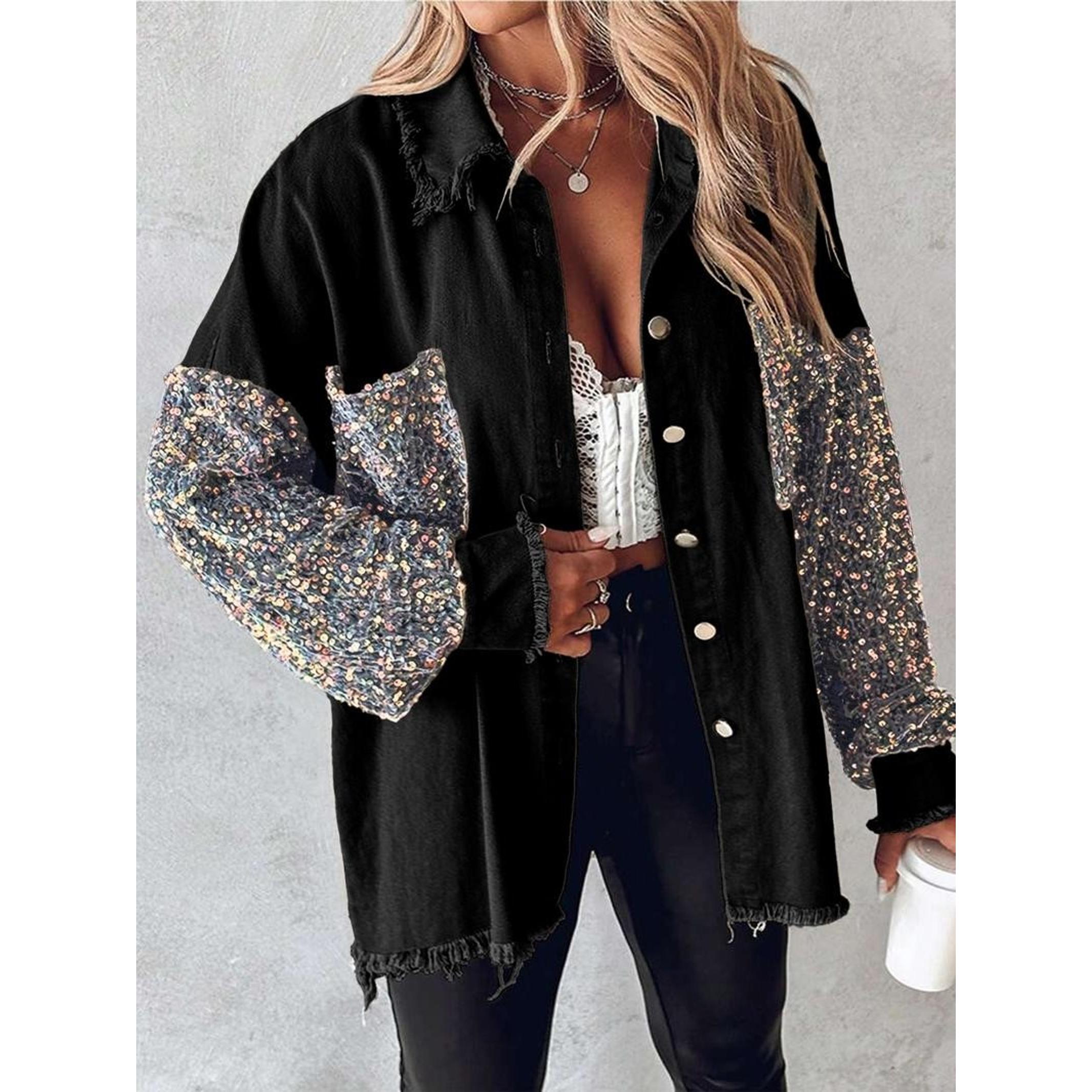 Women's Denim Patchwork Colorful Sequins Shirt Jacket, Cool Personal Style, Fringe Design, Daily Wear, Streetwear, Parties