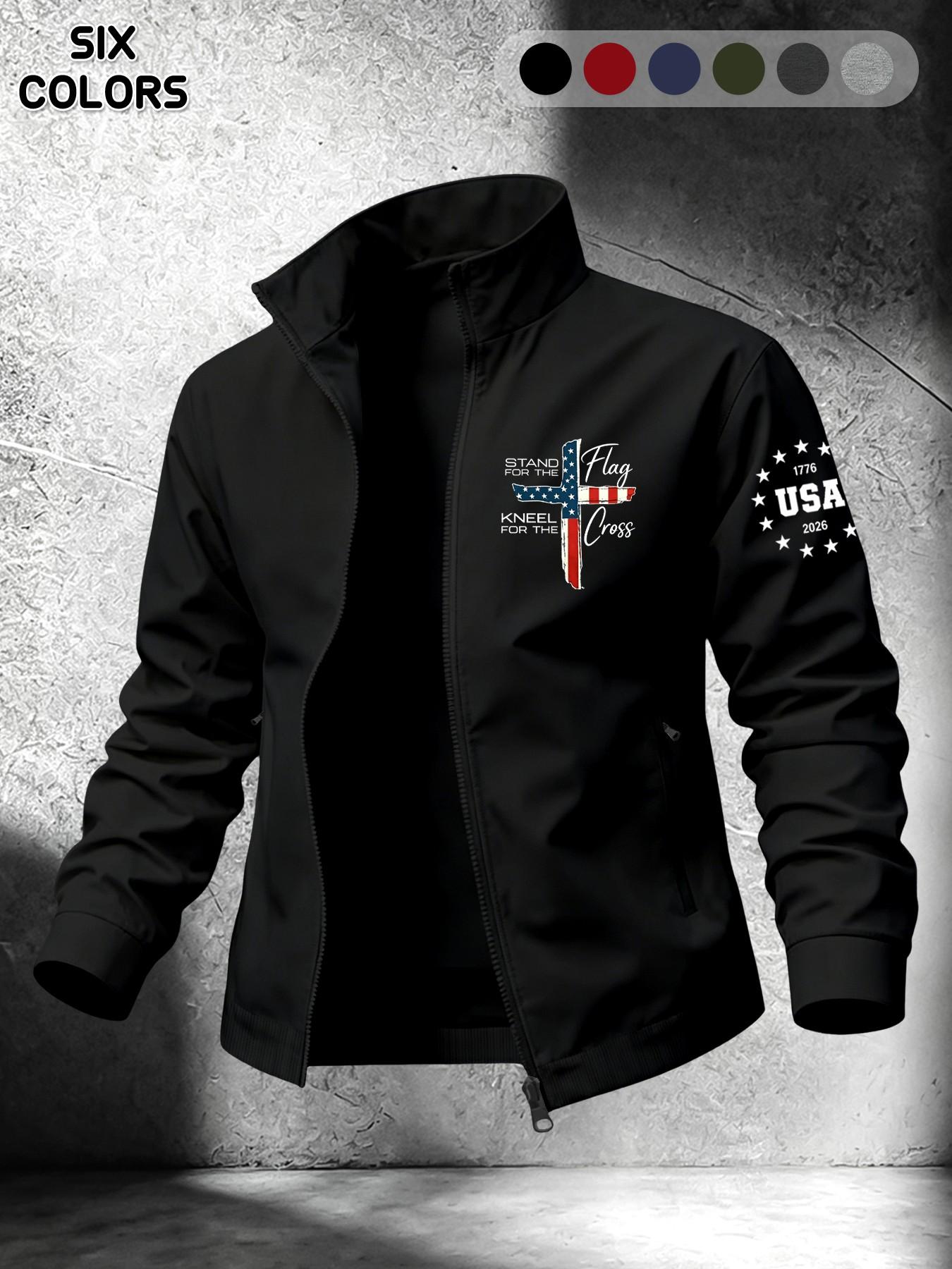 Men's Spring Summer Lightweight Stand Collar Long Sleeve Casual Jacket, American Flag Cross Faith Print, Dual Zipper Pockets, Daily Commute Outdoor Wear