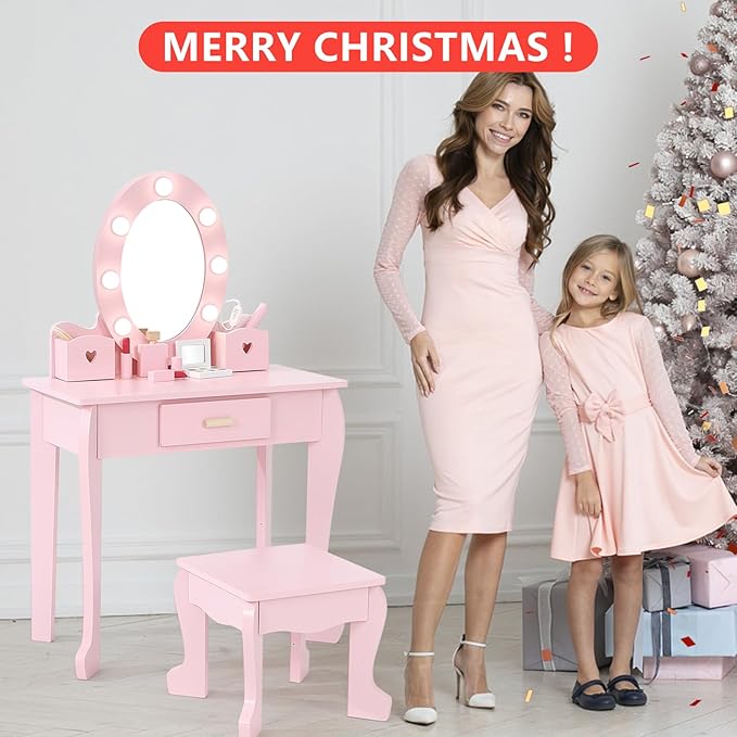 Kids' Vanity Set with Mirror and Light, Makeup Table and Stool for Girls, Vanity Table and Chair Set with Wood Makeup Playset for 4-9 Girls