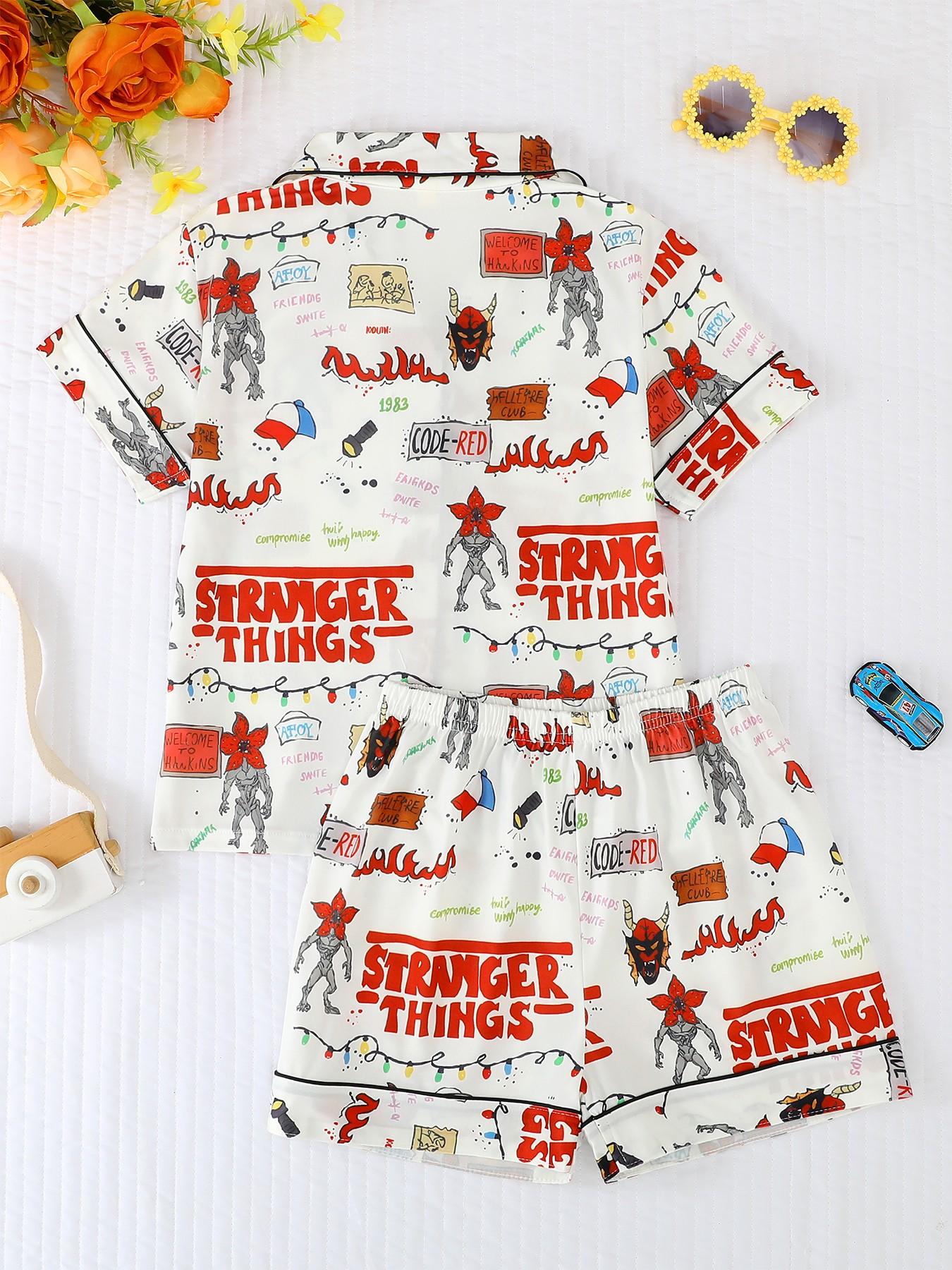 Kids Pajama Set, Cartoon Monster Pattern, Fashion Open-Cardigan Short Sleeve, Flame-Retardant Knit, All Seasons, Party Gift