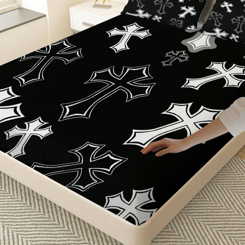 3Pcs Gothic Cross Black Fitted Sheet Three Piece Set (1*Fitted Sheet+2*Pillowcases, Coreless), Halloween theme, Cross Pattern Bedding Set, Mattress Protector Soft, Breathable