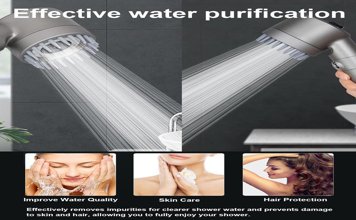 The 5-in-1 pressurized handheld shower head features one-touch on/off control and cool mist mode, a universal 59-inch hose, a drill-free mount, and 6 filters, making it ideal for a comfortable massaging shower.