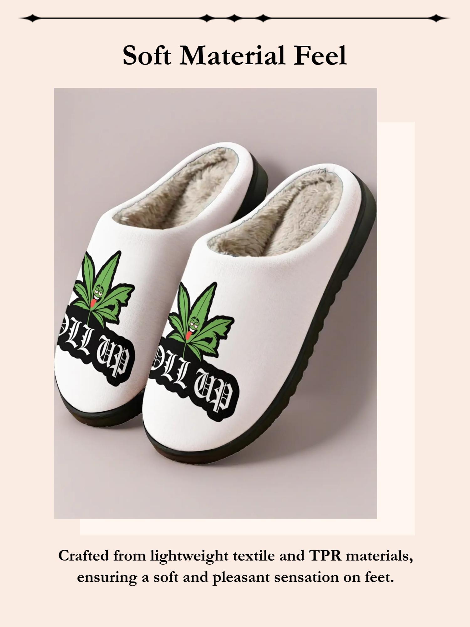 Roll Up Weed Leaf Cool Plush Slippers, Fluffy Home Slippers, Street Hip-Hop Style, Fleece Warm, Soft Feel, Winter Home Shoes for Young & Streetwear Lovers