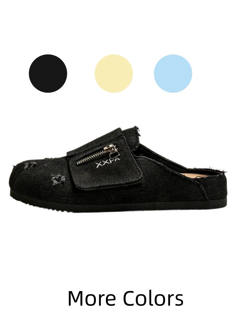 1 Pair Men's 3-Color Vintage Denim Mule Slides Distressed Ripped Washed Denim Zipper Decor Hook & Loop Lazy Mules Size 39-45 Home & Shopping - Hook & Loop Closure, Easy to Wear for Daily Outings