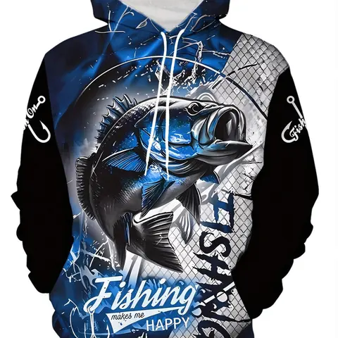 Men's Hoodie Sweatshirts with Blue-Black Fishing Print, Outdoor Casual Fishing Style, Long Sleeve, Outdoor Everyday Wear