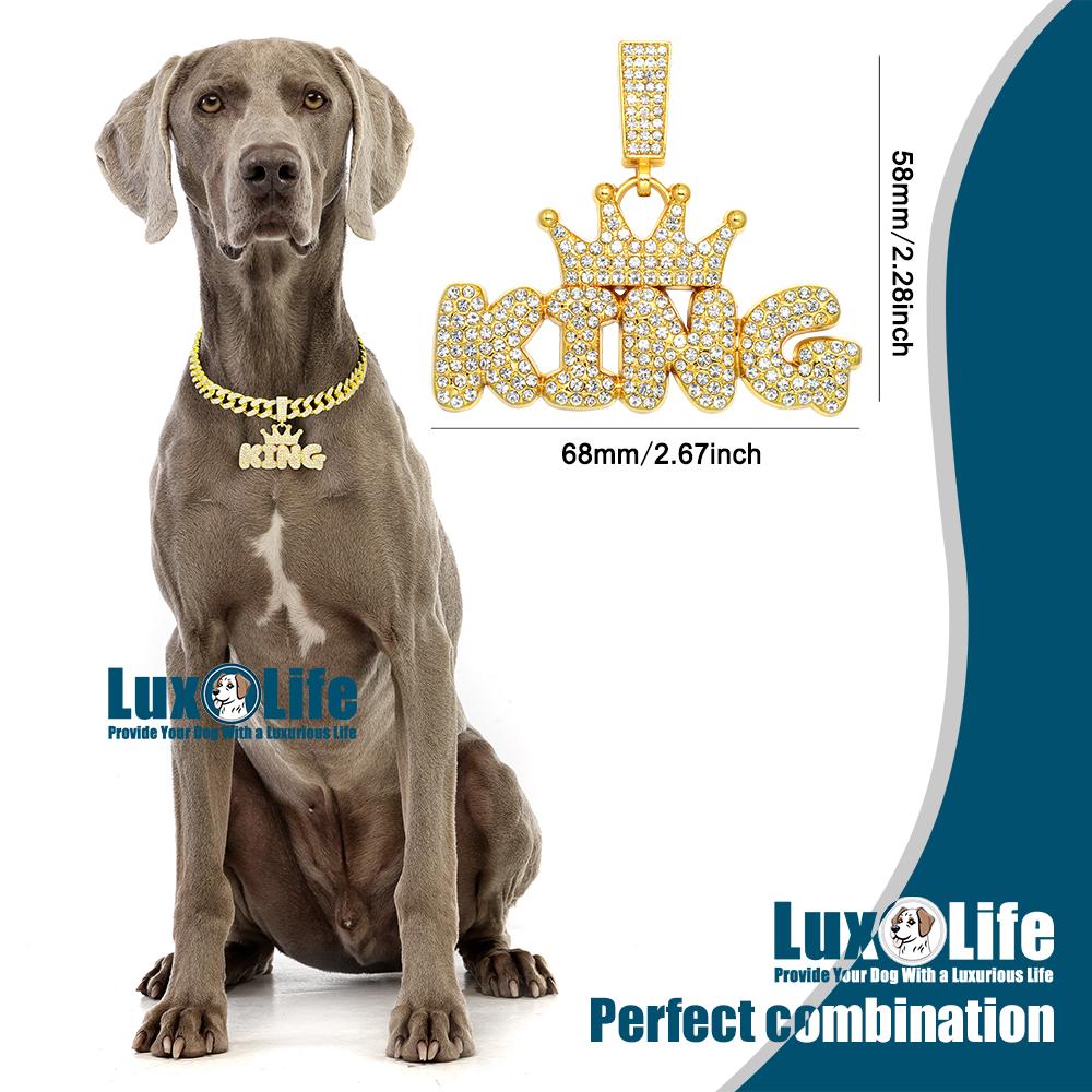 Gold Dog Chain Collar Necklace with diamond pendant "KING" letter Wearing a crown,Diamond Cuban Link Dog Collar 13mm Wide Dog Necklace Metal Cat Chain Pet Crystal Collar Jewelry Accessories for Small Medium Large Dogs Cats