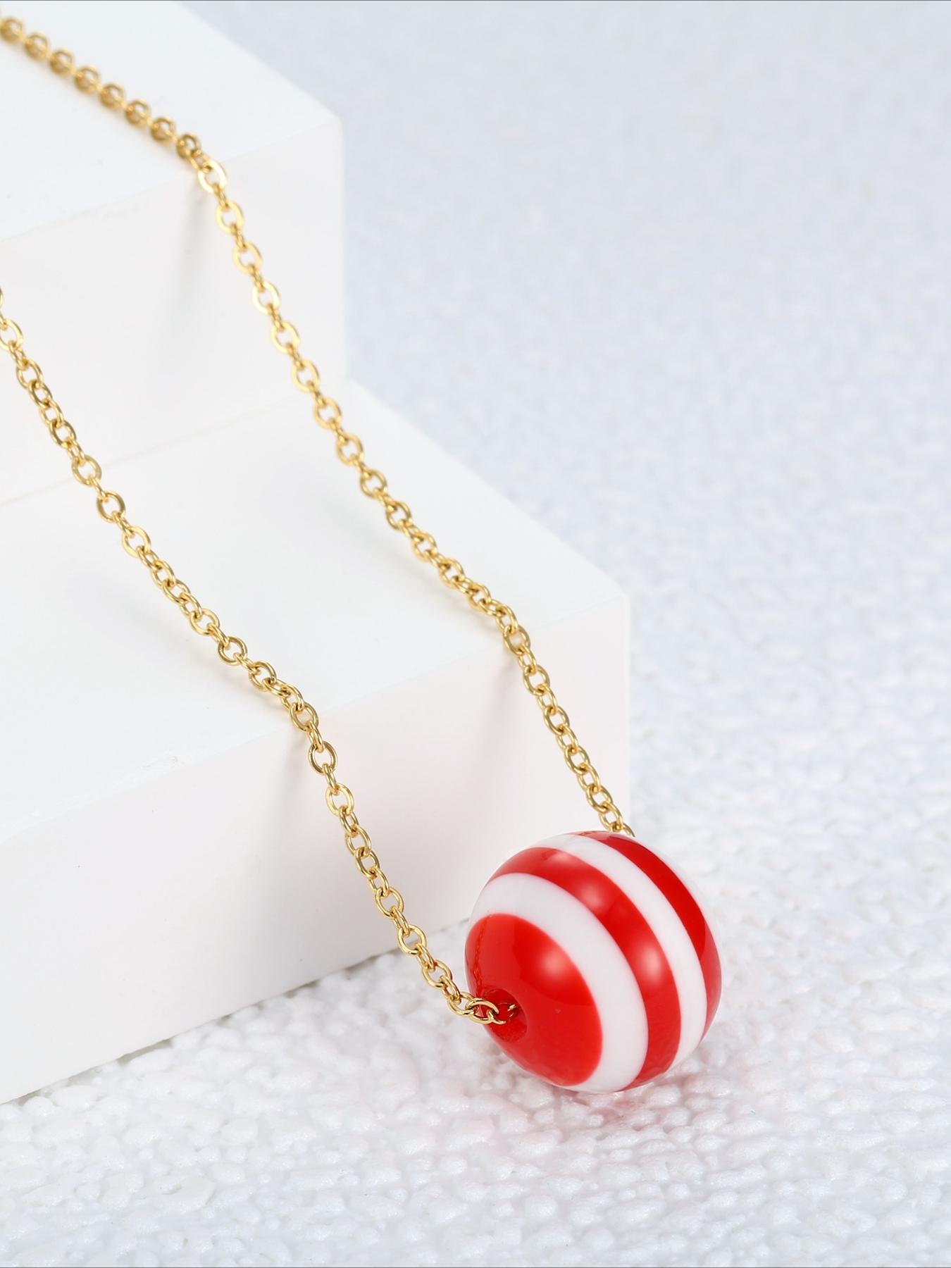 Summer Seaside Blue and White Striped Round Bead Necklace Stainless Steel Non Fading Seaside Vacation Versatile Accessories