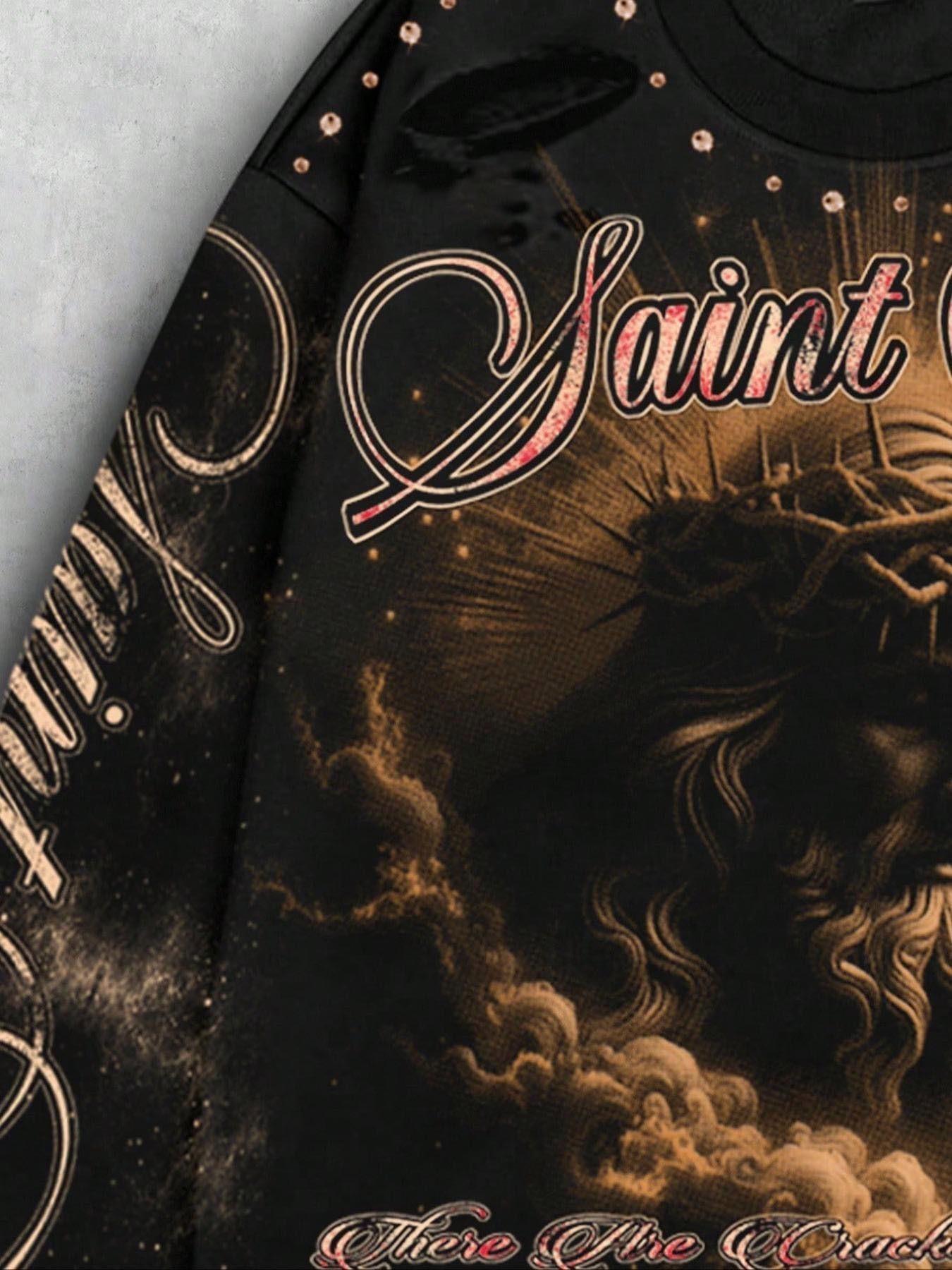 Retro-style Jesus Print Men's Long Sleeve T-Shirt Hoodie, Streetwear Brand Fashion Long Sleeve Shirt Flared Hem, Ripped Hem Design, Unisex Loose Fit Spring/Autumn 2026 New Arrivals in American Vintage Jesus Religious Theme