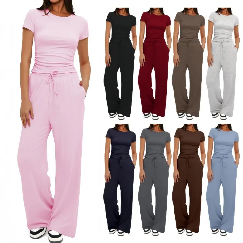 Cotton Comfort Solid Color Casual Tracksuit for Women, Long Sleeve Top & High Waist Wide Leg Pants Set, Fashion Cute Daily Outfit, Ideal Valentine's Gift for Her, Perfect Present for Lover, Family & Friends