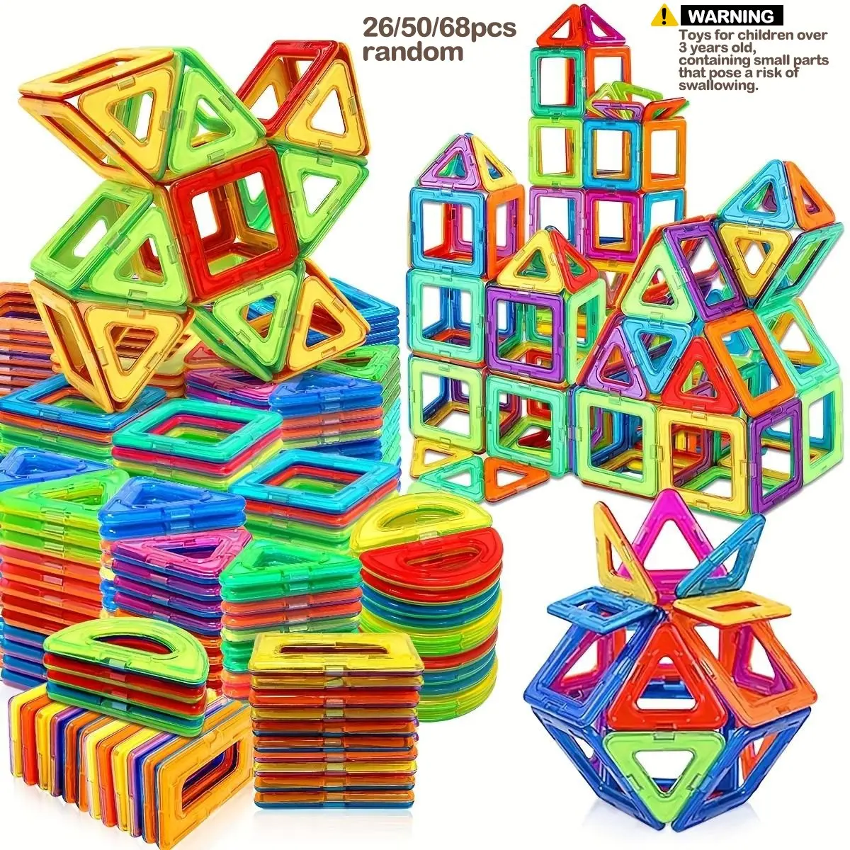 26/50/68pcsMagnetic Building Blocks Set, Blocks Tower Game, Stem Educational Toy for Kids, Creative Puzzle Gift, Random Colors, Ages 3+, Unisex, Choking Hazard Warning