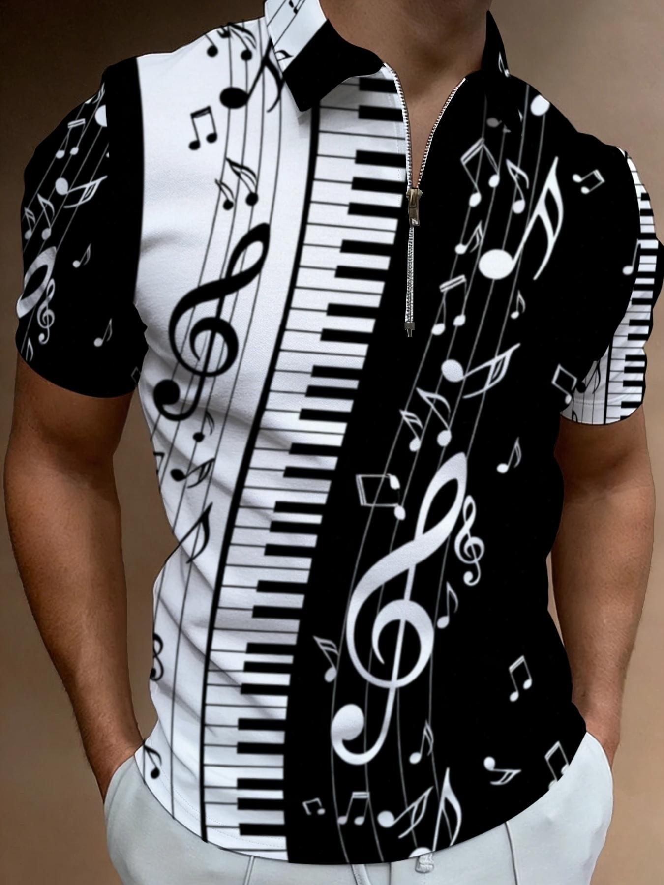 Men's Zipper Polo Shirt with Music Note Print, Summer Trendy Men's Wear, Fashion Piano Keyboard Pattern Top