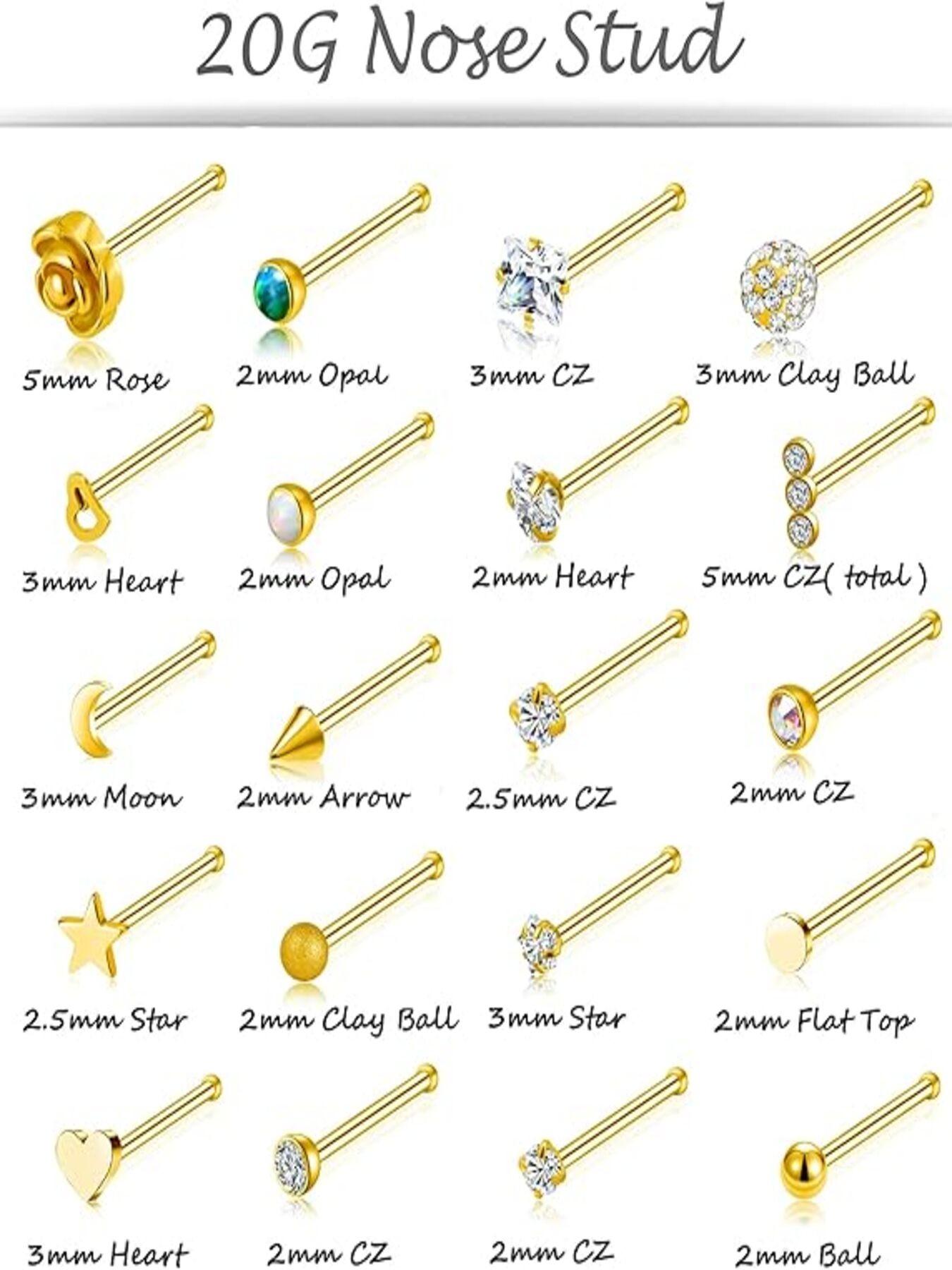 20 Pcs Nose Rings Trendy & Dazzling Style (Multiple Styles with Shiny Crystal Accents & Straight Bar-Shaped Design) for Women & Girls (Daily Wear, Parties & Piercing Styling)