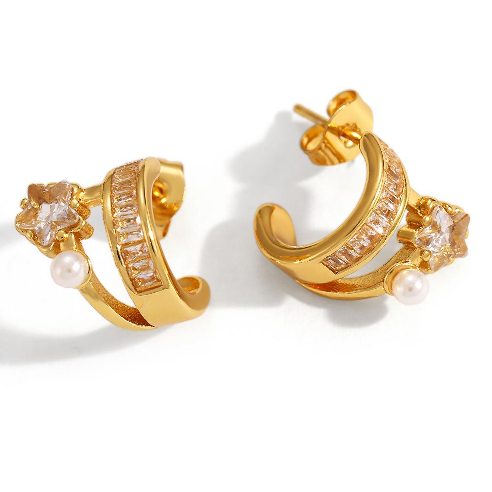 Stylish Titanium Steel C-Shaped Hoop Earrings, 18K Gold Plated, Inlaid Zircon, Trendy & Versatile Design, Tarnish & Water Resistant, Perfect Birthday & Holiday Gift for Her