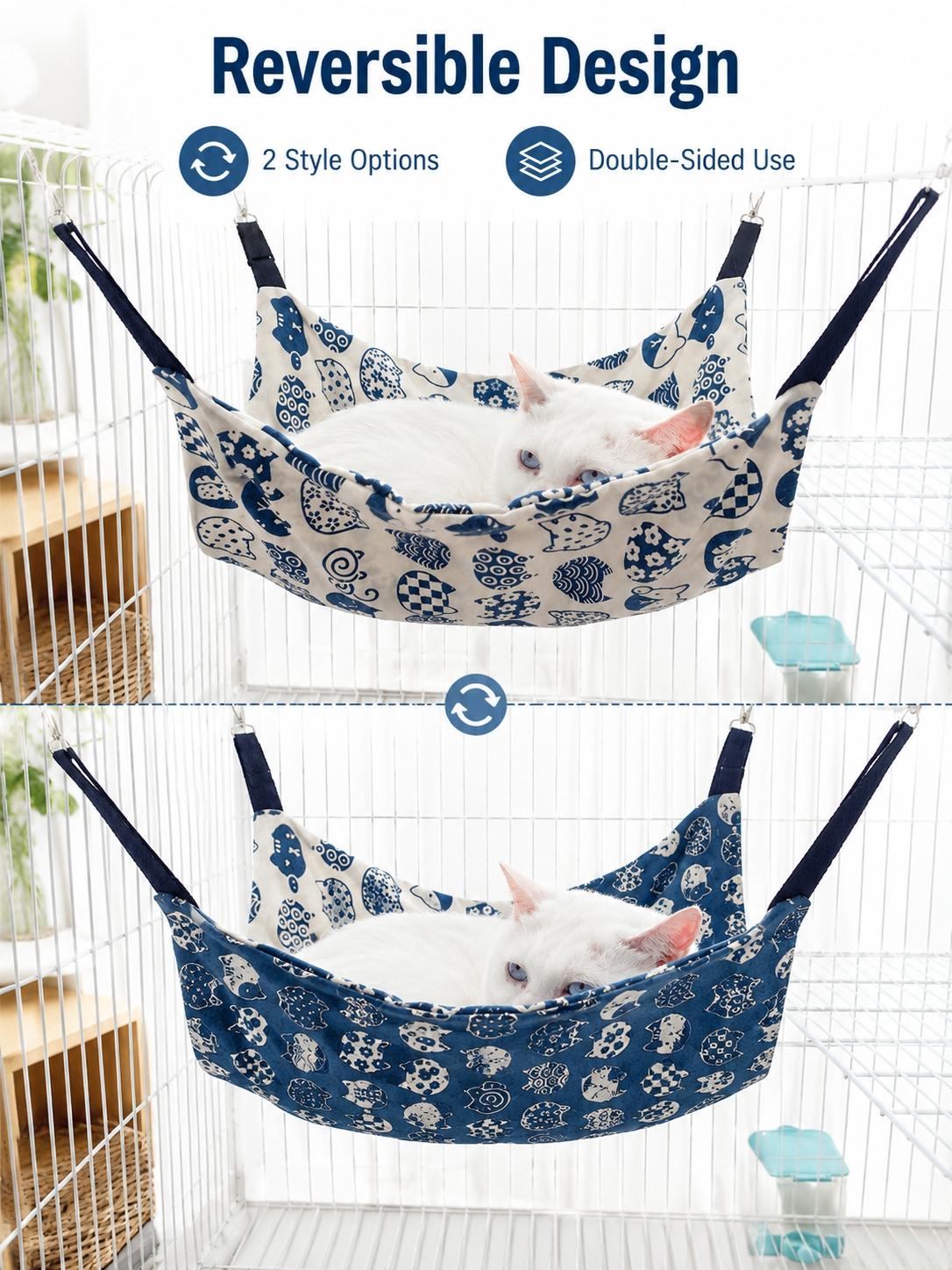 Adjustable Cat Hammock Bed, Durable Canvas Material, Blue- Pattern, Cute, Ideal for Small-Medium-Large Cats, Pet Resting Spot