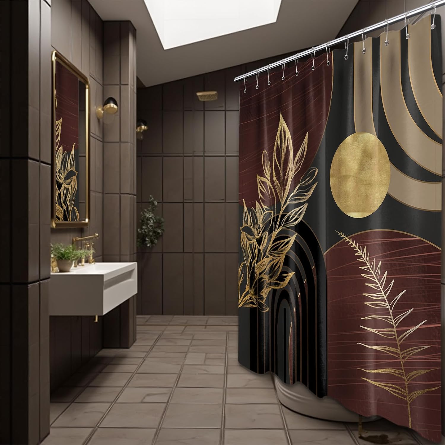 Boho Mid-Century Shower Curtain 70x72 Inch, Dark Brown Black and Gold Bathroom Curtain, Waterproof Fabric Bath Curtain with Hooks, Modern Geometric Bathroom Decor