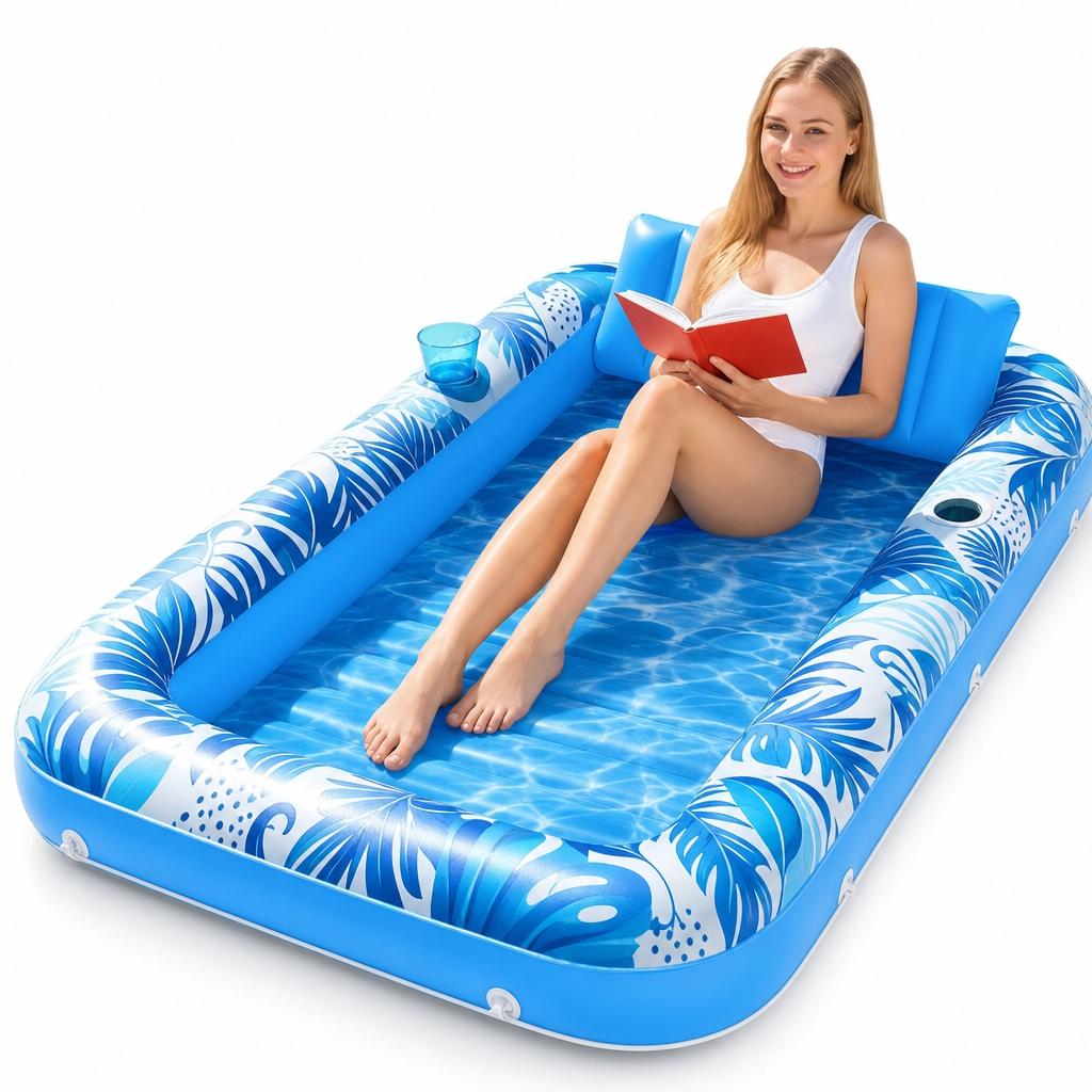 Inflatable Sun Lounger Float Ring with Cup Holder, 70x46 Inch Extra Large Adult Float with Pillow, 4-In-1 Pool Float, Party Gift