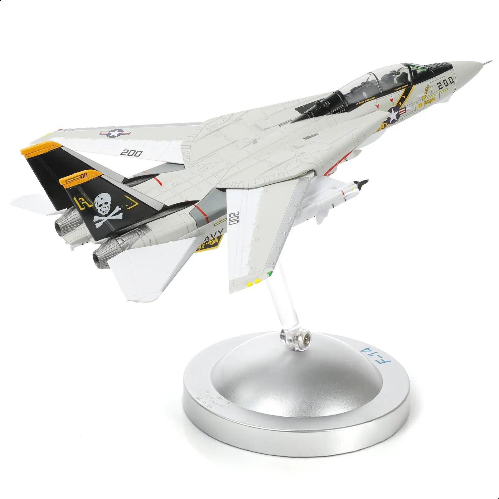 F-14A Tomcat 1/100 Alloy Metal Pre-Built Military Model Kit, VF-84 Jolly Rogers DieCast Fighter Jet Replica with Stand, Realistic Paint Unisex Military Aircraft for Display or Gift