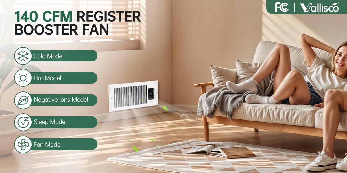 Register Booster Fan for 4” x 10” Register Holes, Improves Heating & Cooling Vents,window fan, 10-Speed Quiet Ventilation Fan with Thermostat & Remote, Negative Ion Air Vent Booster, Enhances Airflow & Home Comfort Heating circulation Warm Air Mode