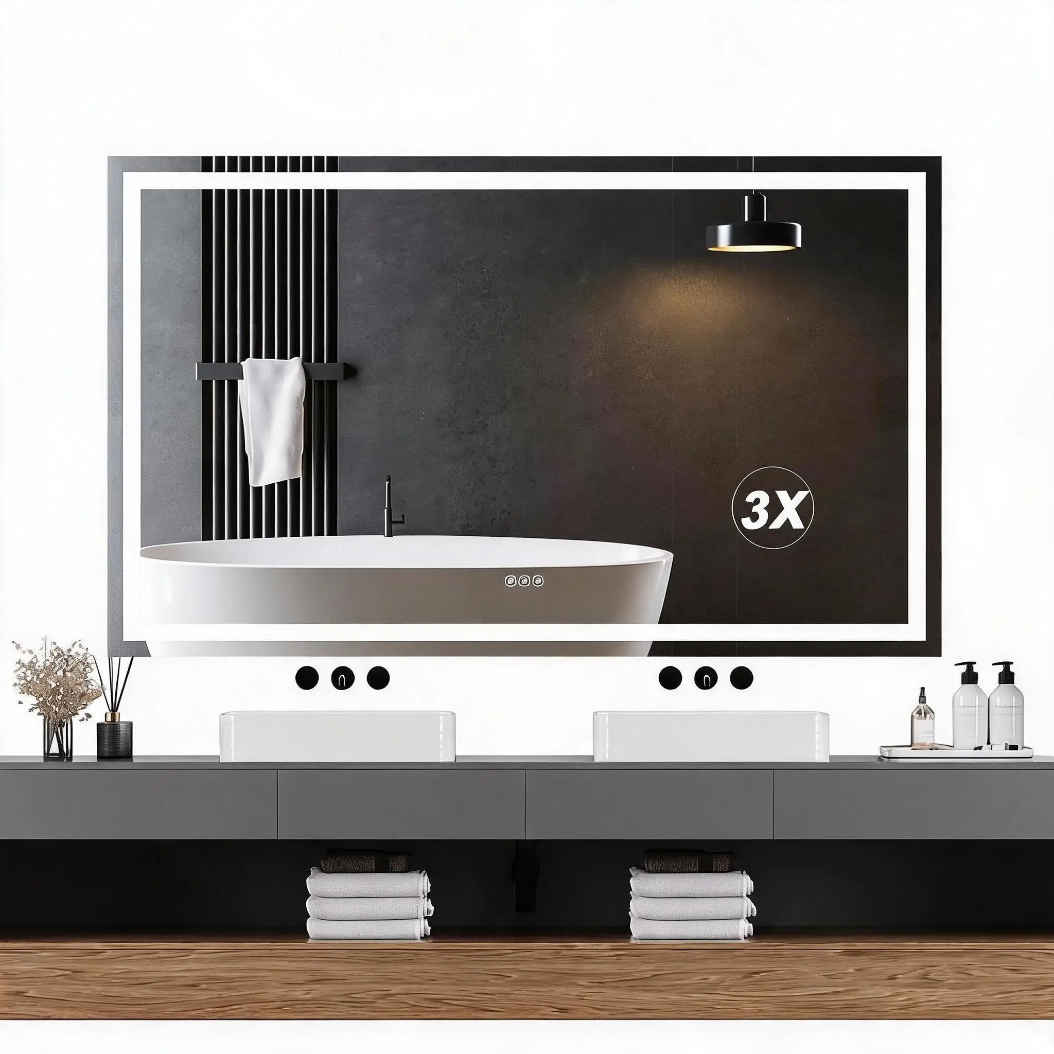 60x36 LED Bathroom Vanity Mirror with 3X Magnifier, Dimmable Lighting, Anti-Fog Feature, Shatter-Proof Design, and Adjustable 3 Color Temperature Settings