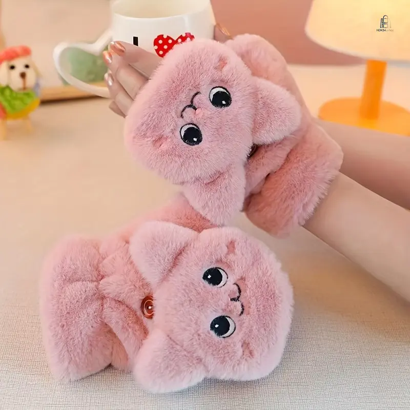 Cute Plush Convertible Gloves For Women, Warm Windproof Half Finger Mittens With Cat Design, Cozy Thermal Hand Warmers For Winter Outdoor Activities
