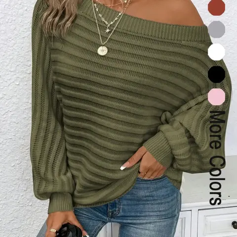 Women's Textured Asymmetrical Neck Loose Sweater, Casual Long Sleeve Batwing Sleeve Jumper for Daily Outdoor Wear, Ladies Knit Top for All Seasons