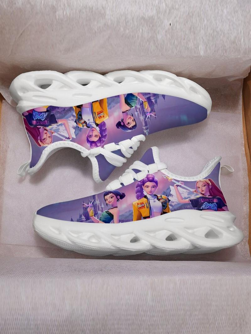 K-Pop Hunter Girl Pattern Kids Shoes, Breathable Mesh Lace-Up Low Top Eva Sole, Durable Fashion Casual Sporty Children Sneakers