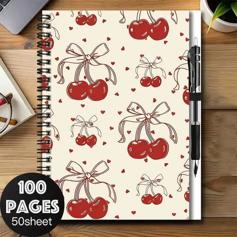 A set of simple and sweet 2D cover spiral notebook and pen set, featuring red cherry and heart patterns that are super eye-catching. 100-page large capacity, suitable for work and study record-keeping. Perfect for journaling, daily planning, or as a notep