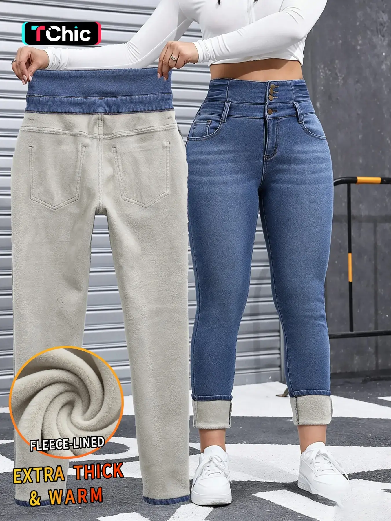 Women's Comfortable Minimalist Chic Fleece-Lined Slim Fitting Jeans, High-Stretch Thick-Woven Slimming Fitted Denim Pants for Winter