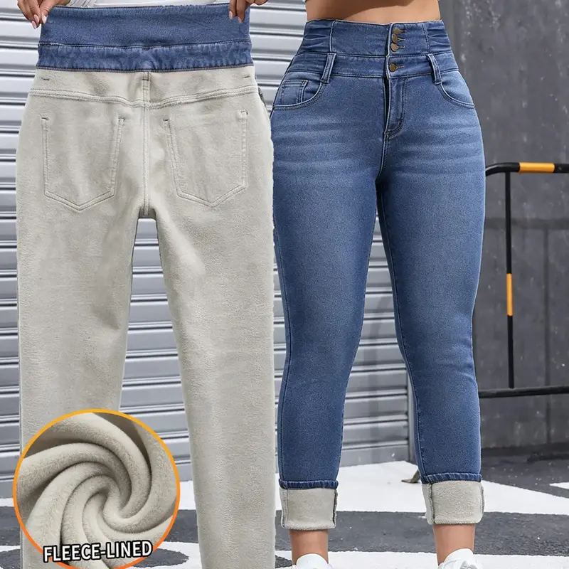 Women's Comfortable Minimalist Chic Fleece-Lined Slim Fitting Jeans, High-Stretch Thick-Woven Slimming Fitted Denim Pants for Winter