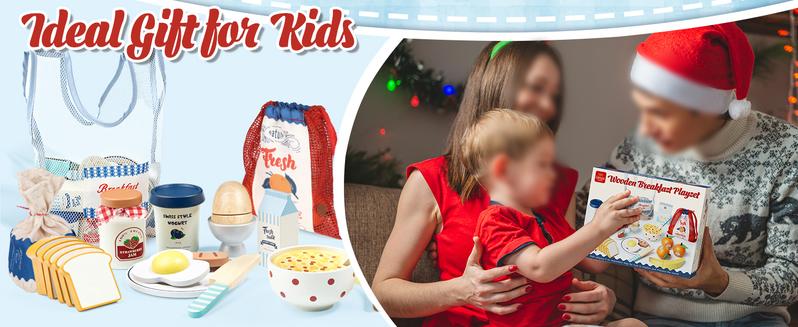 Play Food Sets for Kitchen, Wooden Toys for Gifts, Pretend Play, Wooden breakfast toys，Cutting food toys，Toy food educational gifts，Accessories with breakfast