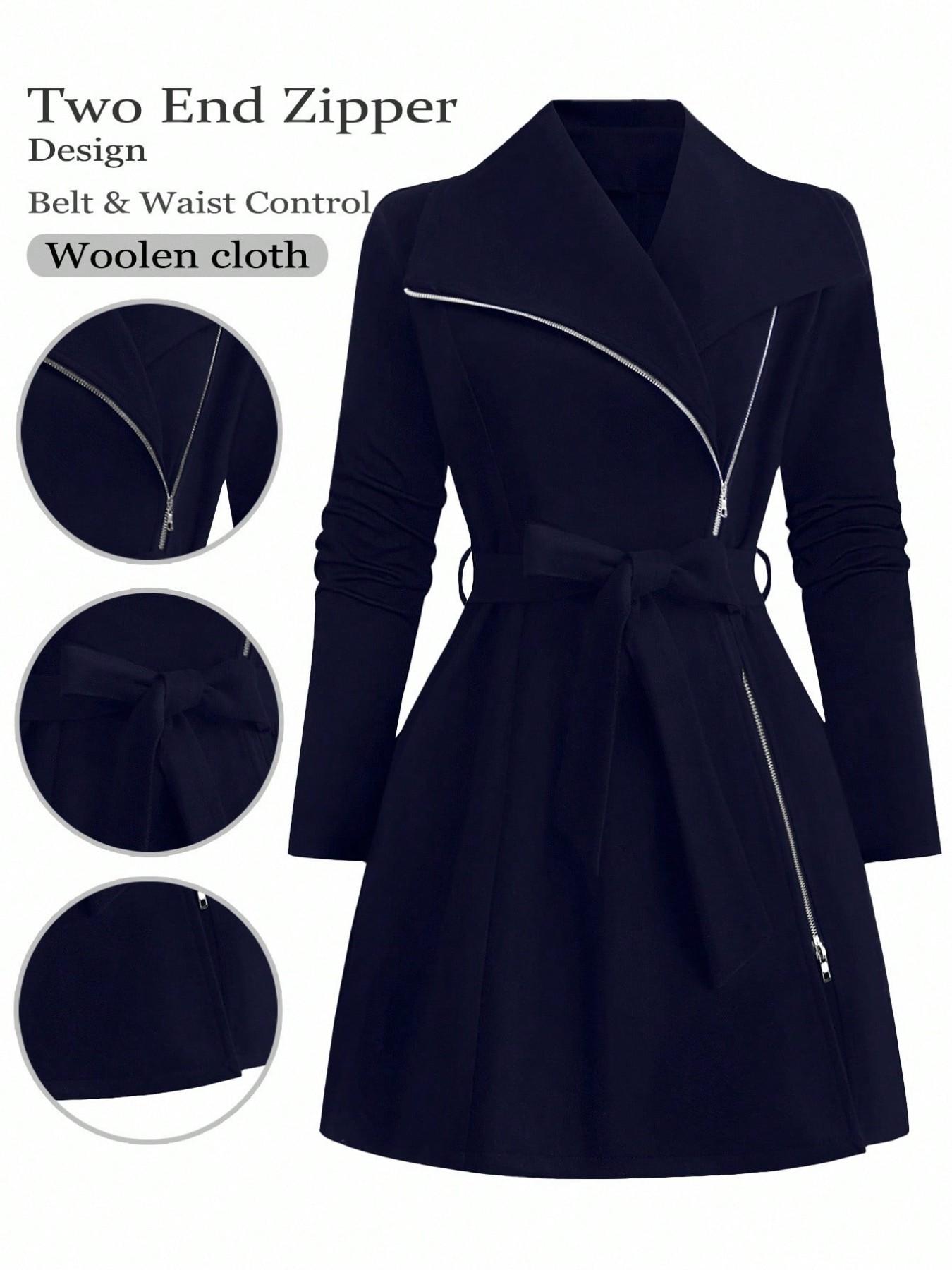 Plus Size Women’s Elegant Belted Coat, Long Sleeve Zip Front Lapel Outerwear, Chic Casual Fall Winter Long Jacket for Work, Going Out and Everyday Style