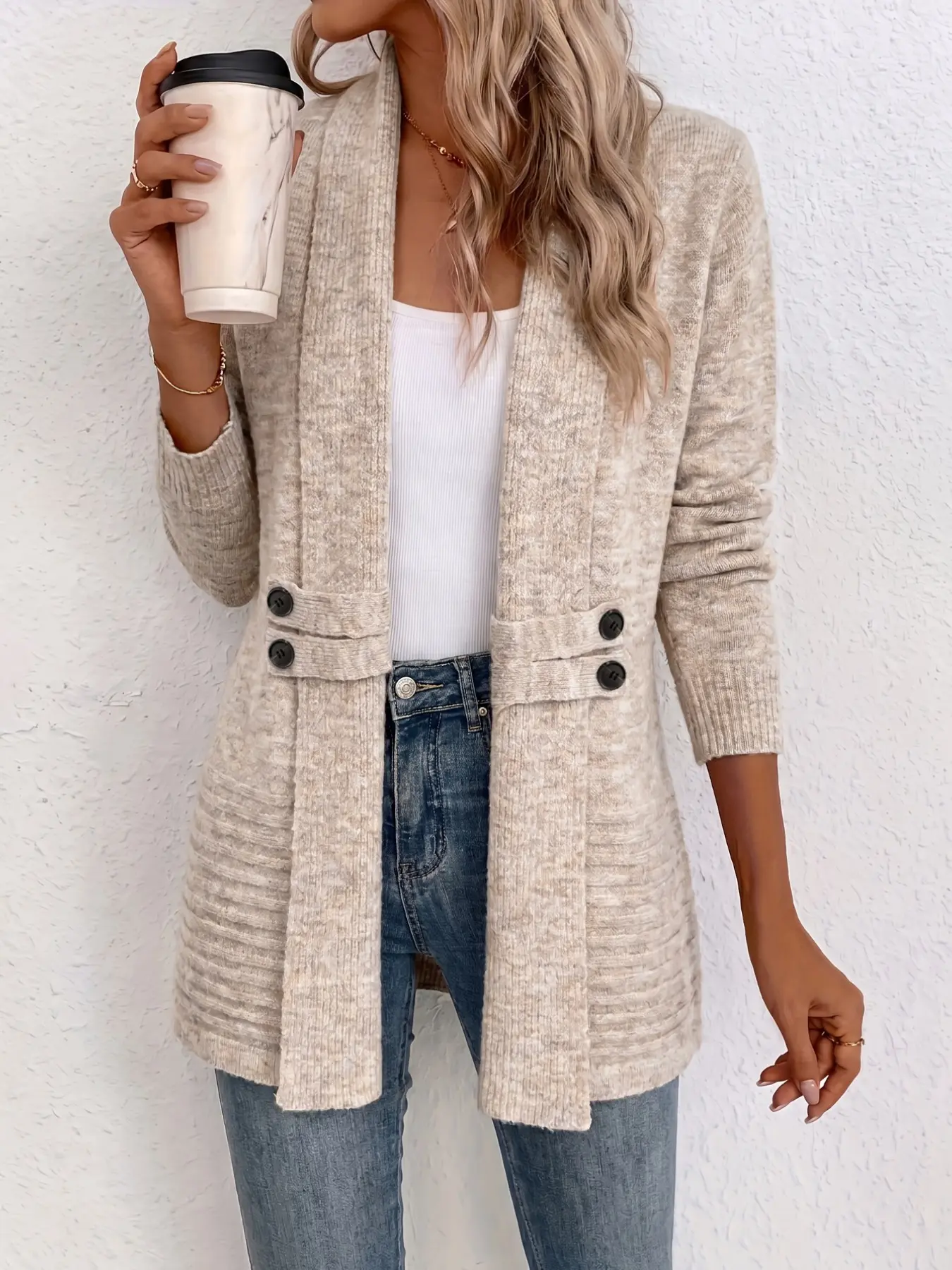 Women Open Front Knit Cardigan, Shawl Collar With Button Decor, Long Sleeve Mid‑Length Casual Outerwear for Daily Street Going‑Out Knitwear