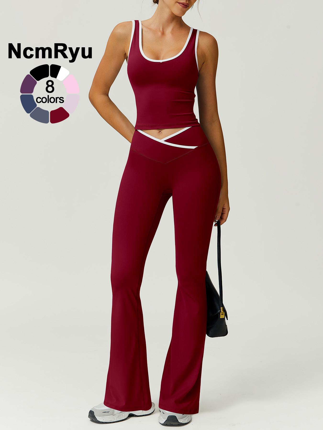 Two-Piece Set Women's Patchwork High Elastic Soft U-Neck Wide Shoulder Strap Vest Cross Waist Top Hip Flared Pants Yoga Clothes Four Seasons Running Gym sports training all-match vest, Workout Running Outfits, Activewear Set, Athleisure Sportswear Set